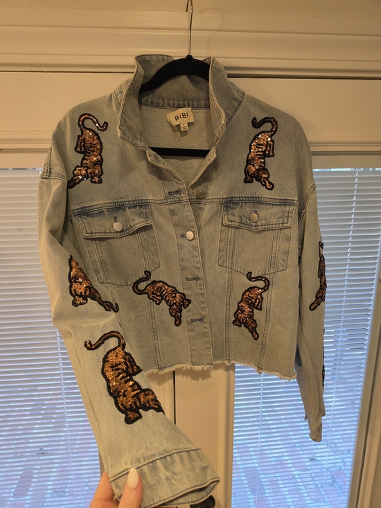 BiBi Jackets & Blazers - Bibi Light Blue Embellished Sequin Tiger Denim Jacket